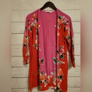 Chicos Floral Lily Maxi Cardigan Sweater | Pink/Red | Women's 2 Large